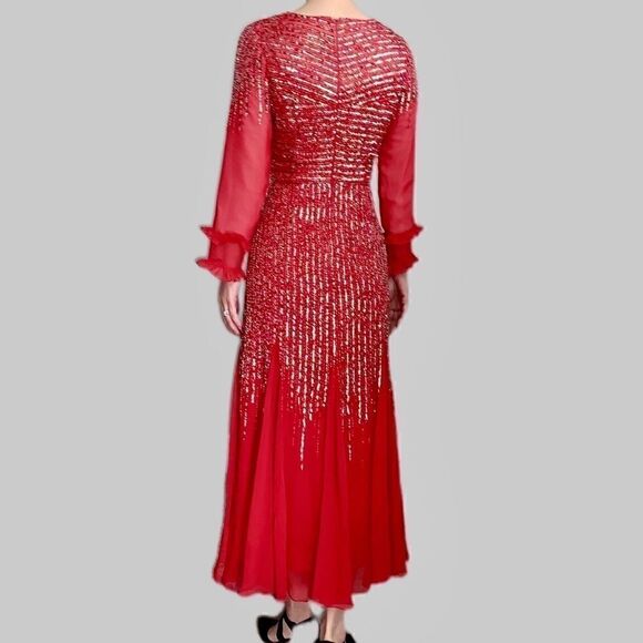 Vintage Red long-sleeve  beaded and sequined chiffon evening dress - Picture 11 of 14